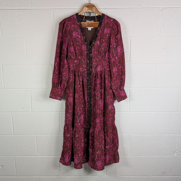 Sam Edelman Dress Womens L Purple Pink Floral Ramsey Midi Button Front Boho - Picture 1 of 7